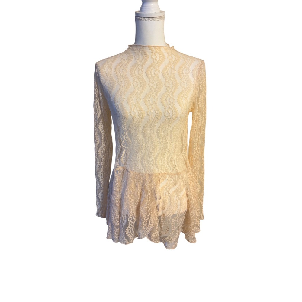Easel Los Angeles Cream Sheer Floral Lace Peplum Top Mock Neck Long Sleeve Small